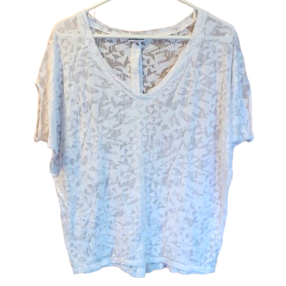 Express Batwing Boho Top Lace Overlay Blouse Short Sleeve V-Neck Back Buttons
